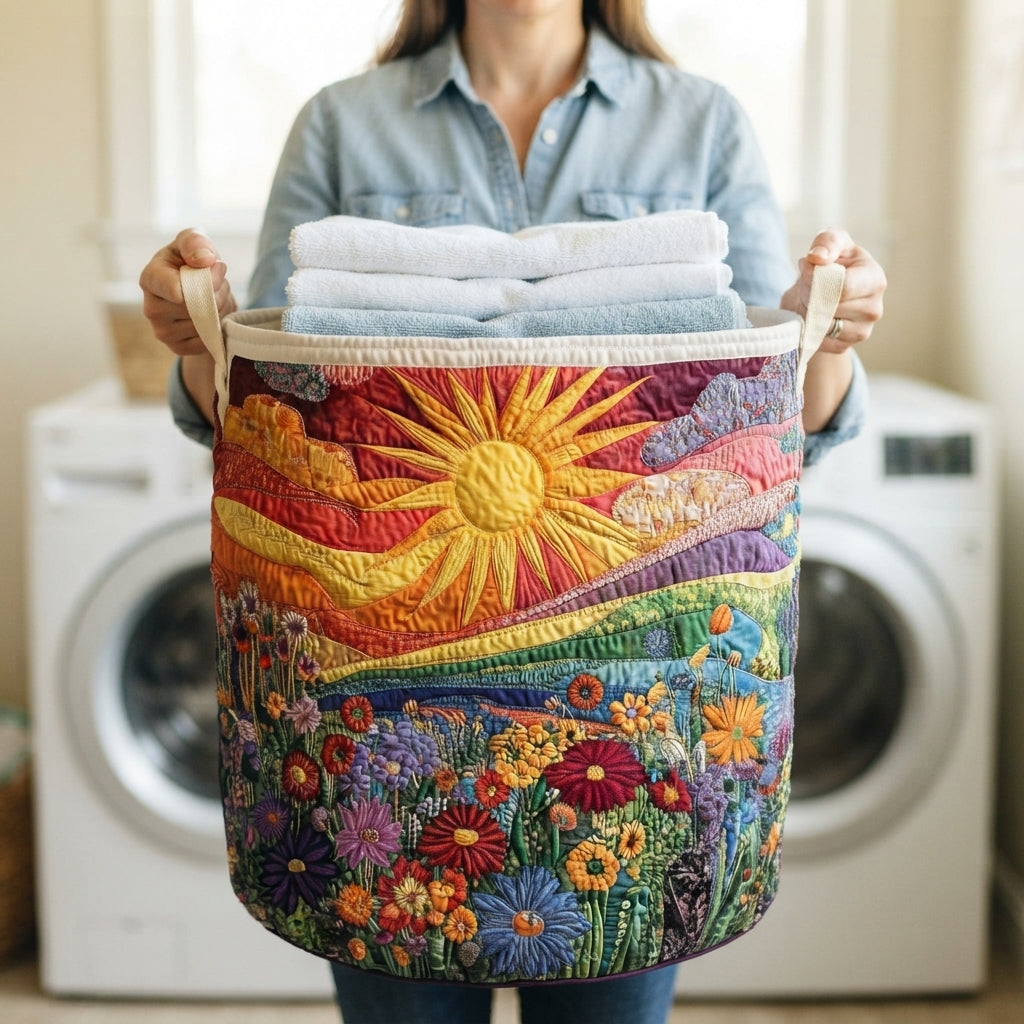 Person in a denim shirt holding the basket by both handles, filled with folded towels, in front of a washing machine. 3