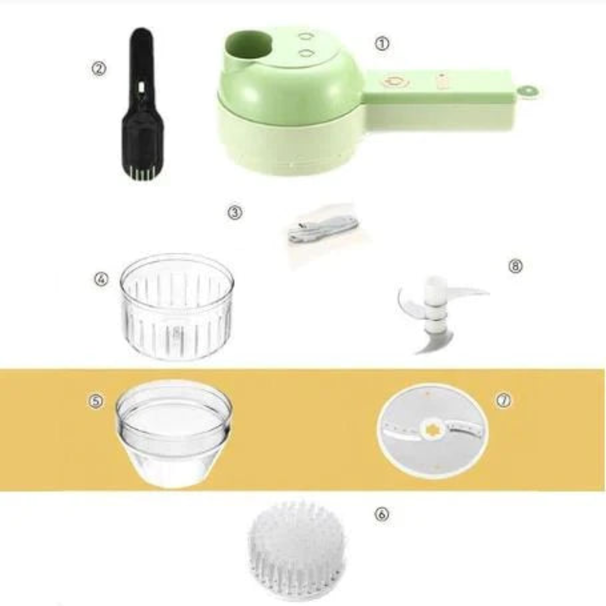 Flat lay of the numbered parts: main handle unit, cleaning brush, cable, bowls, blade, slicing disc and brush head 7