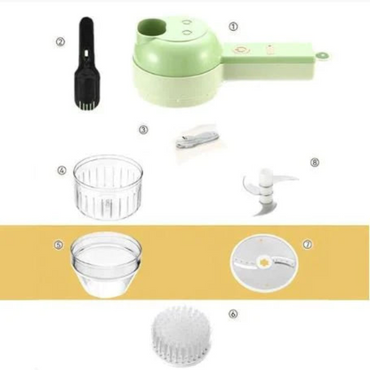 Flat lay of the numbered parts: main handle unit, cleaning brush, cable, bowls, blade, slicing disc and brush head 7