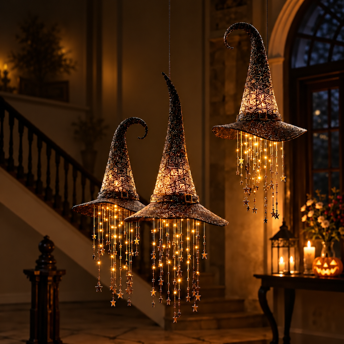 Three glowing perforated witch hats with dangling star strings hang in a candlelit hallway beside a staircase and a lit pumpkin. 1