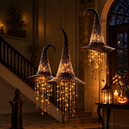 Three glowing perforated witch hats with dangling star strings hang in a candlelit hallway beside a staircase and a lit pumpkin. 1