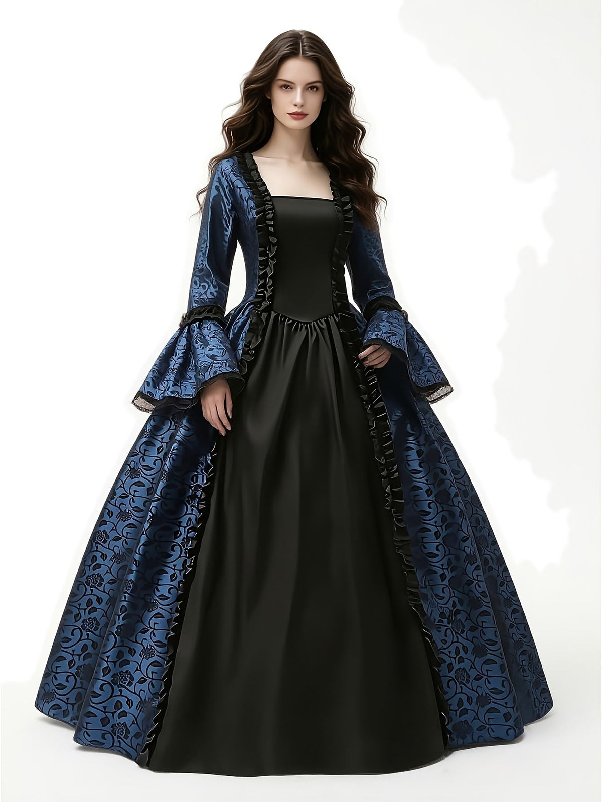 Front view of the navy and black ball gown on a model, showing flared lace-trimmed sleeves and ruffled bodice panel against white. 3