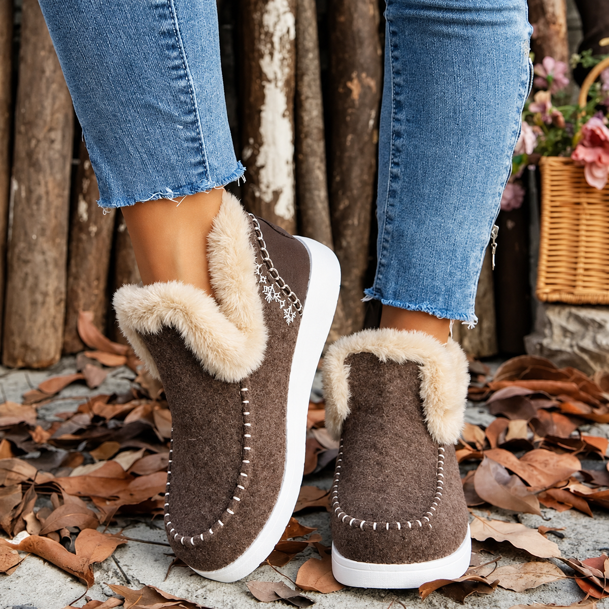 Rear three-quarter view of brown slip-on trainers with plush cream collars, snowflake embroidery and white stitching, worn outdoors on fallen leaves. 2