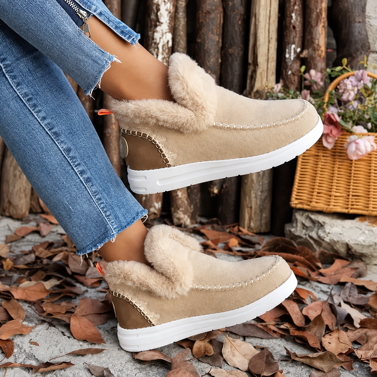 Side view of beige suede-look slip-on trainers with cream plush collars, tan heel panels and orange pull tabs, worn with cropped jeans. 3