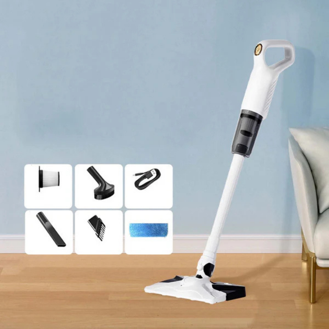 Upright white vacuum on a wooden floor beside a pale blue wall, with six small tiles showing the filter, brushes, charging cable and mop pad. 5
