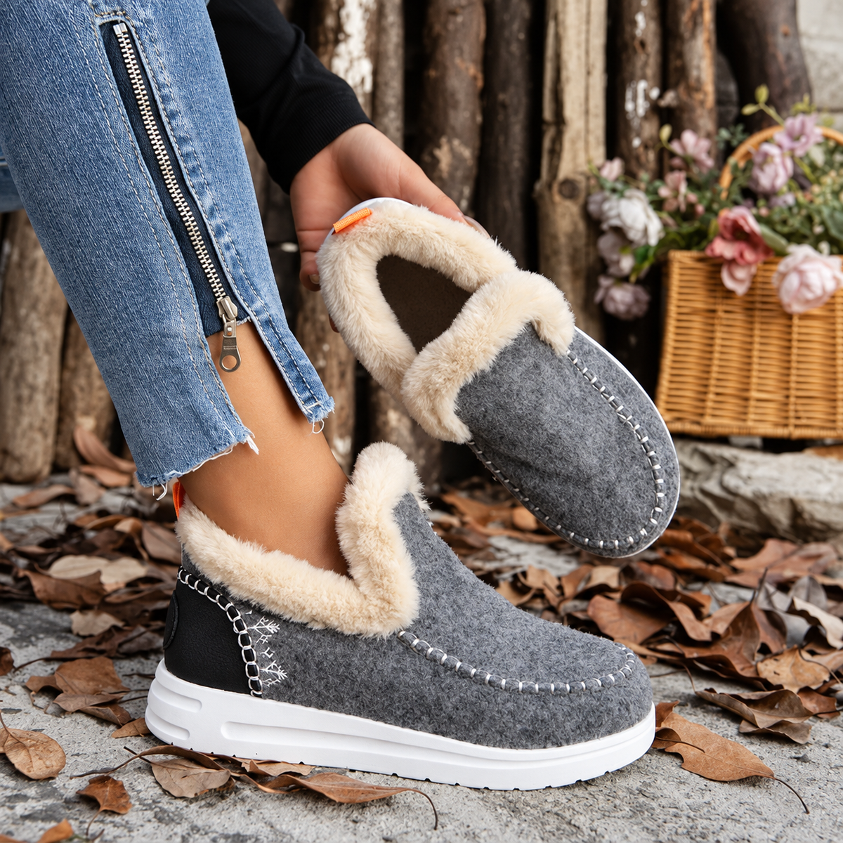 Grey slip-on trainers with plush cream lining and black heel panels, one worn and one held in hand to show the fluffy interior. 5