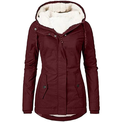 Burgundy jacket flat from the front, with a deep cream fleece-lined hood and flap pockets 11