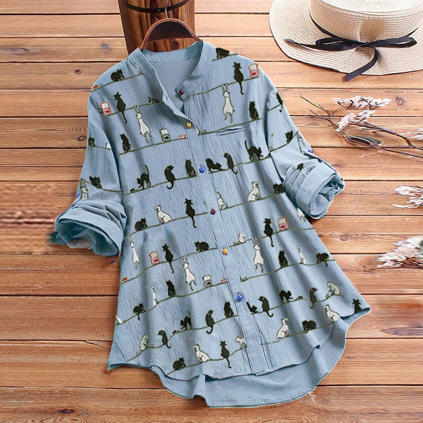 Autumnal women's blouse with cat motif & button placket – Kaja