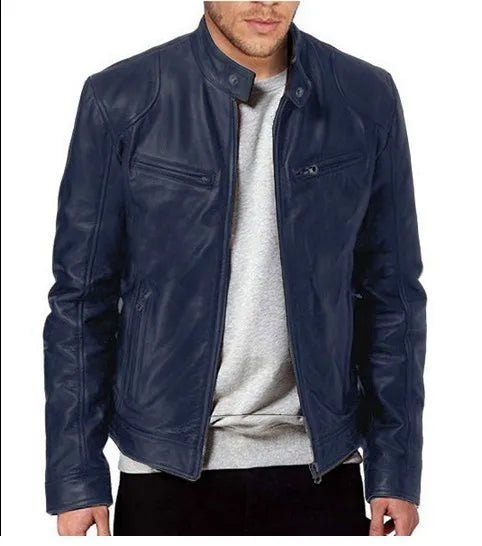 Navy blue leather biker jacket worn open over a grey sweatshirt, cropped at the chin 11