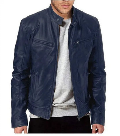 Navy blue leather biker jacket worn open over a grey sweatshirt, cropped at the chin 11