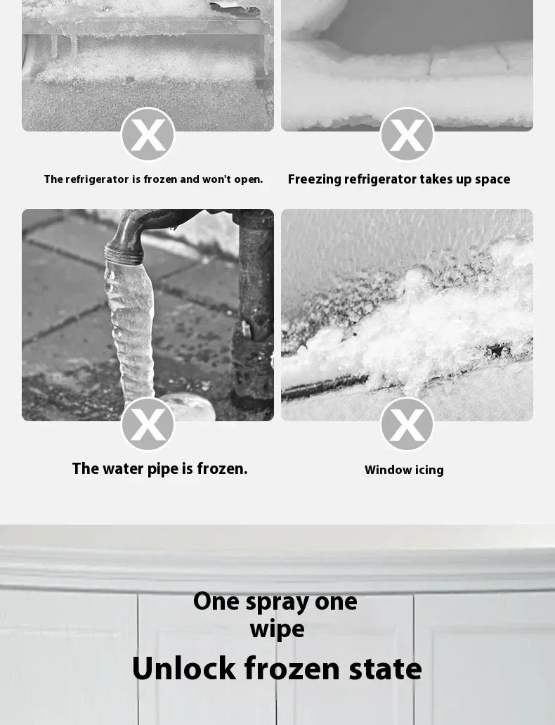 Four grey photos of common freezing problems: frozen fridge, icy shelf, frozen outdoor pipe and iced window 11