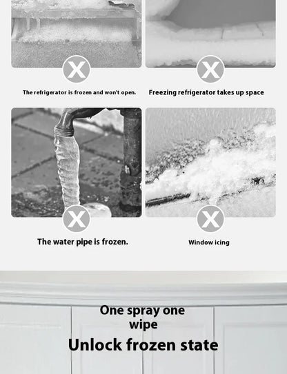 Four grey photos of common freezing problems: frozen fridge, icy shelf, frozen outdoor pipe and iced window 11