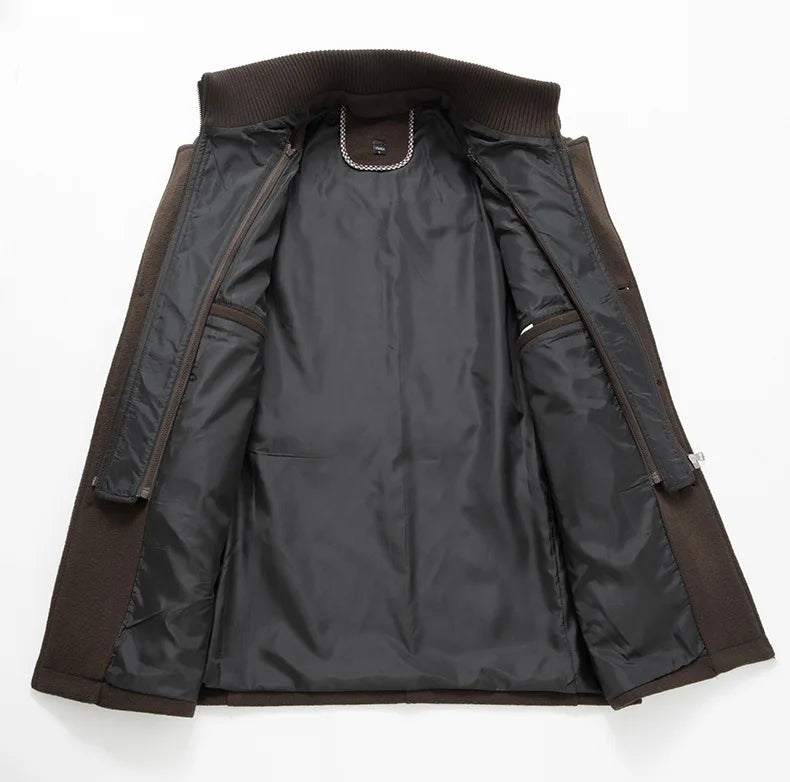 Inside of the brown overcoat opened out, showing the dark lining and detachable inner layer zips 11