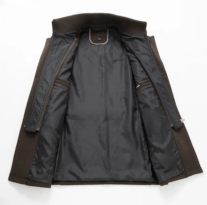Inside of the brown overcoat opened out, showing the dark lining and detachable inner layer zips 11