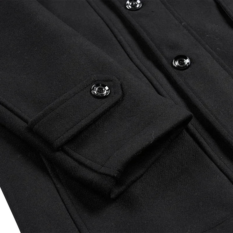 Close-up of a black coat cuff strap with a glossy button, and the front buttons beside it 11