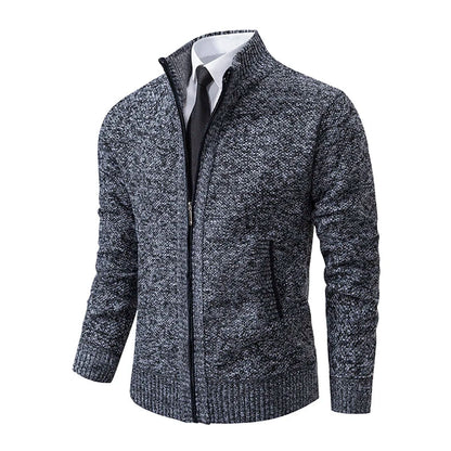 Dark grey marl zip cardigan at an angle, showing the speckled knit and ribbed hem 11