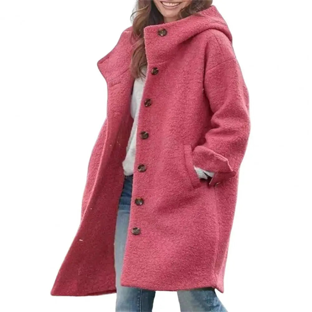 Red coat with a row of buttons and the hood up, hand in pocket, on white background 11