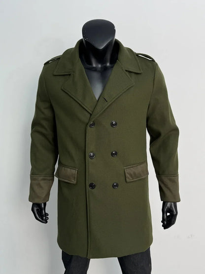 Olive green overcoat on a mannequin, front view with black buttons, flap pockets and contrast suede-look cuffs 11