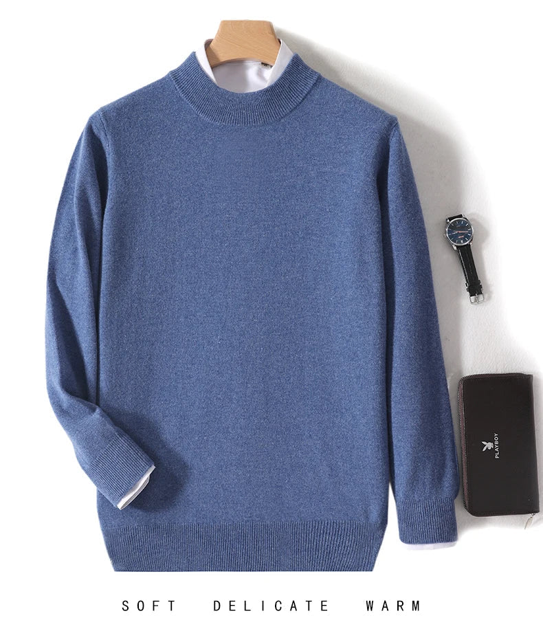 Denim blue mock neck jumper on a hanger with white shirt layer, watch and wallet 11
