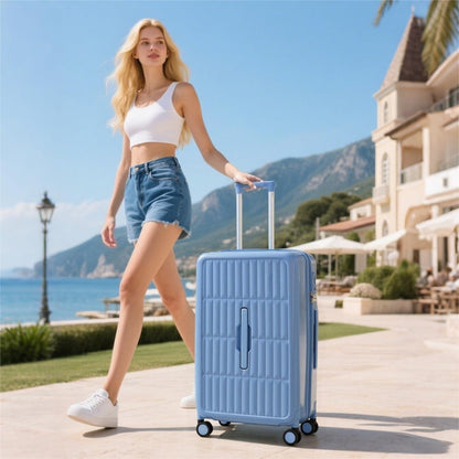 Airport-approved 55 cm hand luggage with a 30:70 split and a three-part polycarbonate hard shell.