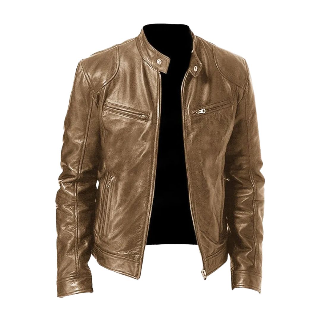 Light tan-brown version of the stand-collar leather jacket, shown unzipped from the front with a glossy finish and zipped pockets. 3