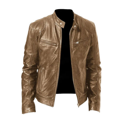Light tan-brown version of the stand-collar leather jacket, shown unzipped from the front with a glossy finish and zipped pockets. 3