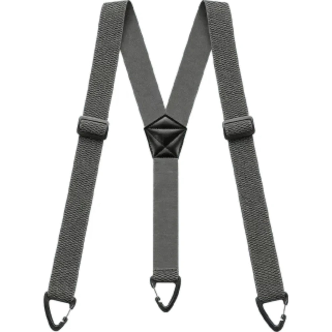 Grey Y-back braces laid flat, with woven straps, black centre patch and three black clips 8