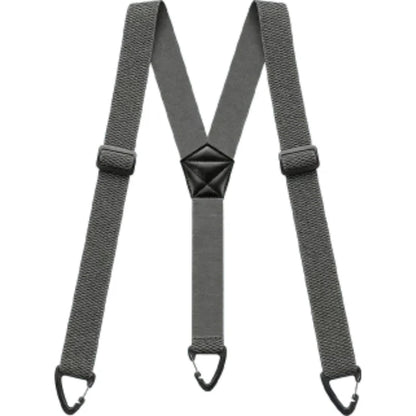 Grey Y-back braces laid flat, with woven straps, black centre patch and three black clips 8