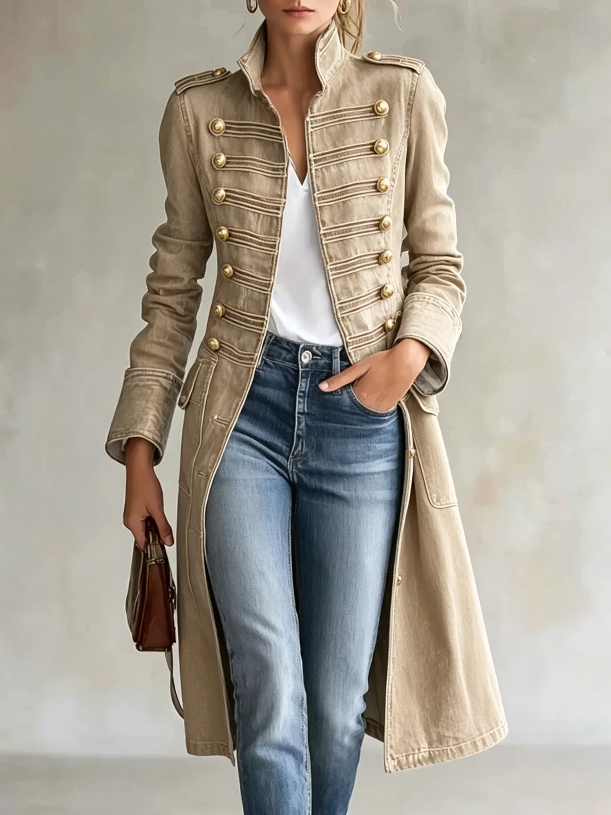 Model wearing the coat in a beige denim finish, open over a white top and jeans, with gold buttons and tonal braiding. 8