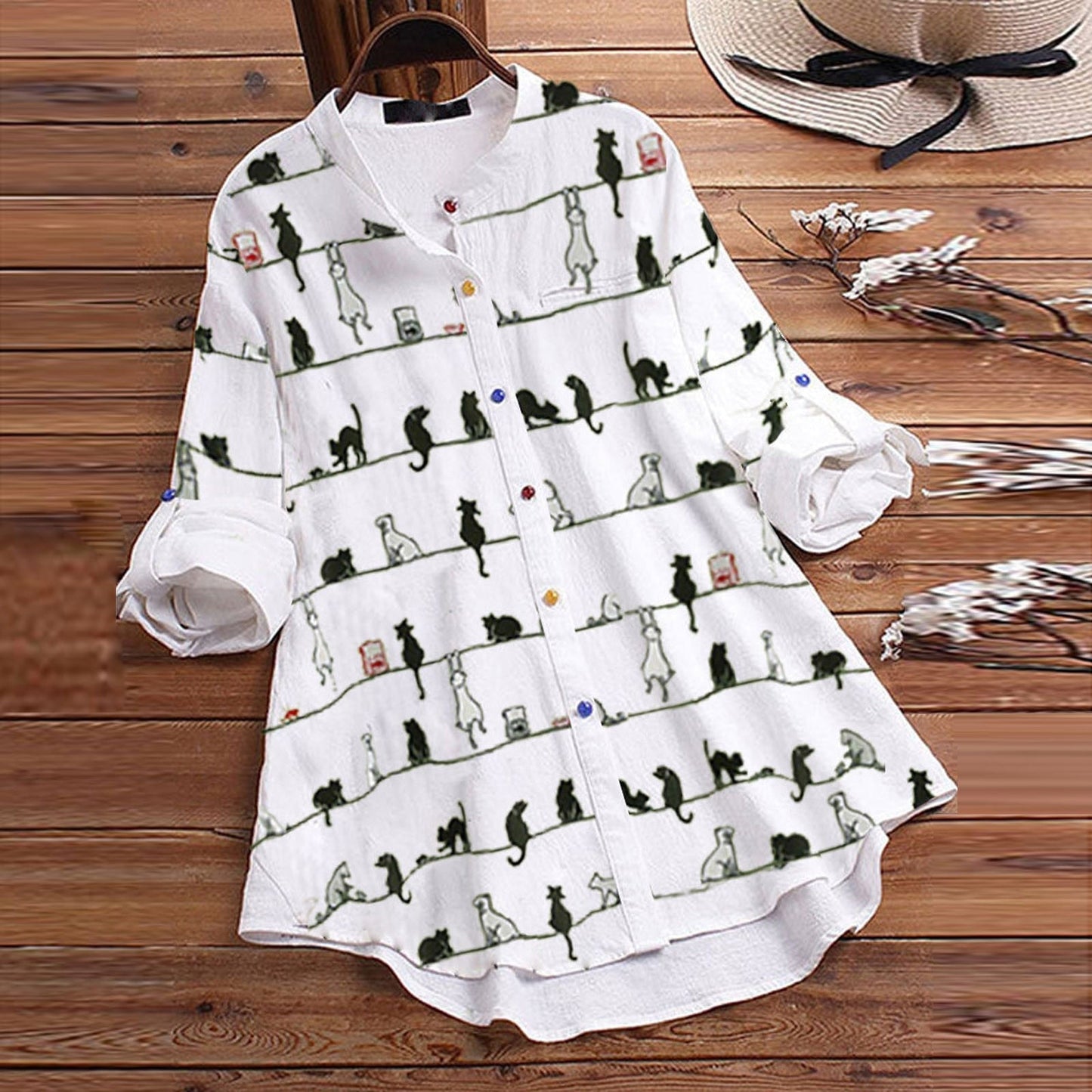 Autumnal women's blouse with cat motif & button placket – Kaja