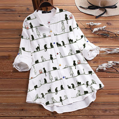 Autumnal women's blouse with cat motif & button placket – Kaja