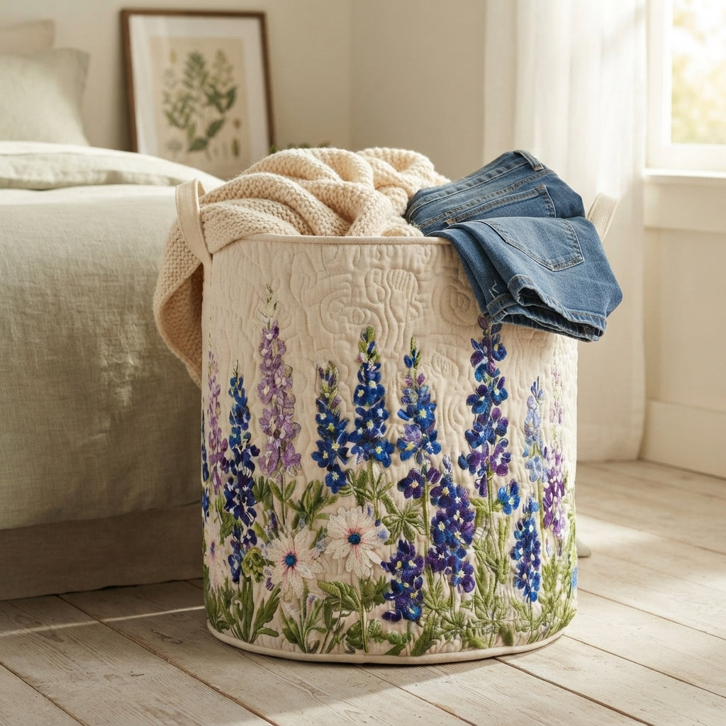 Basket standing beside a bed on a pale wooden floor, with a cream knitted blanket and jeans spilling over the rim. 5