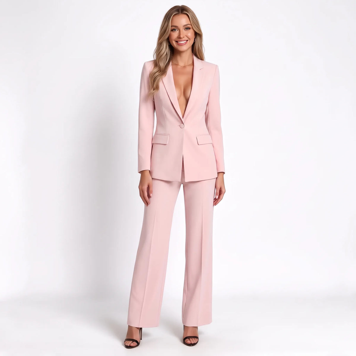 Pale pink suit on a smiling blonde model in strappy heels, full-length front view with a single button 12