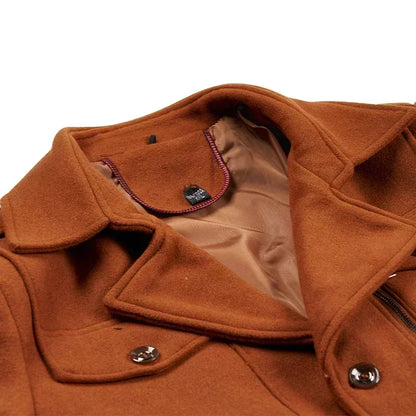 Close-up of the tan coat's collar and lapel, showing the lining, inner neck label and shoulder button 12