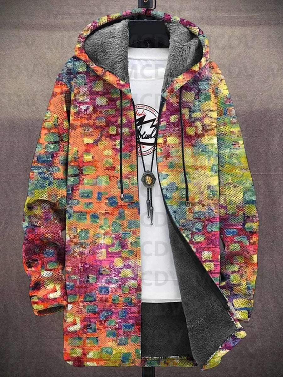Jacket on a hanger in a mosaic of small multicoloured squares in orange, pink, green and blue 12
