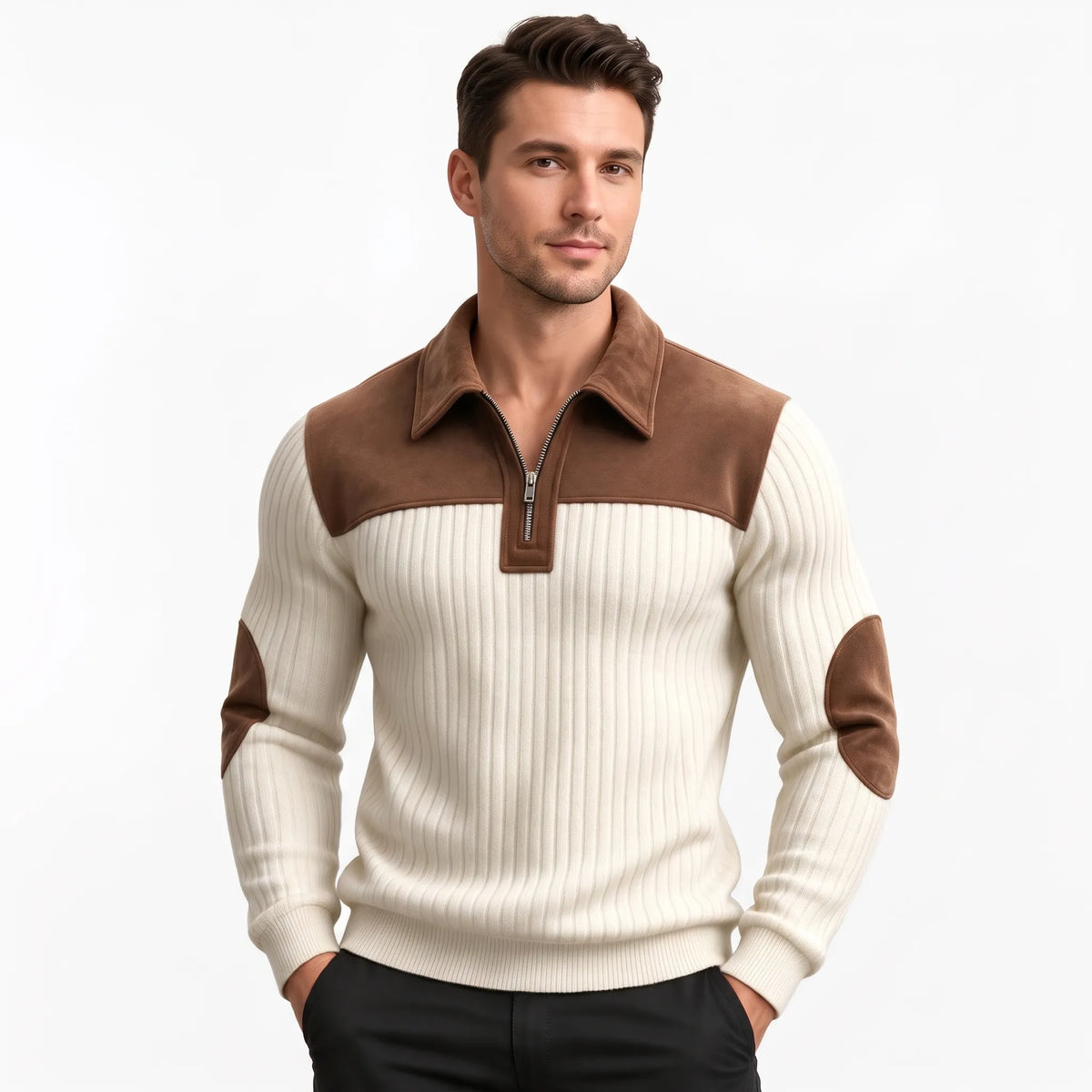 Model wearing the cream ribbed jumper with brown collar and elbow patches, hands in black trouser pockets 12