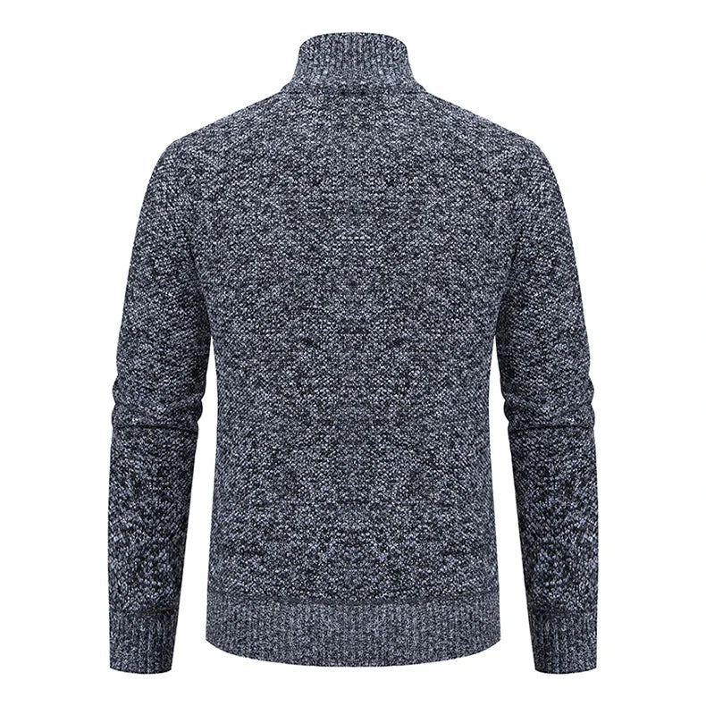 Back view of the dark grey marl knitted cardigan with a ribbed collar, cuffs and hem 12