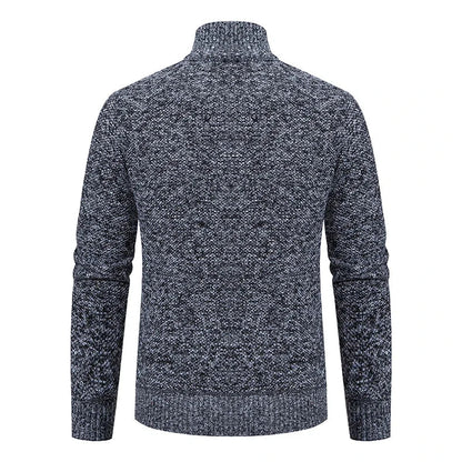 Back view of the dark grey marl knitted cardigan with a ribbed collar, cuffs and hem 12