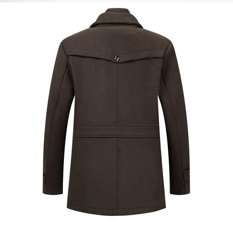 Back view of the brown overcoat, showing the yoke flap with a button and the waist strap 12