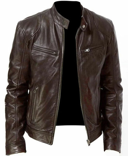 Dark brown leather biker jacket with collar tab undone, unzipped on a plain background 12
