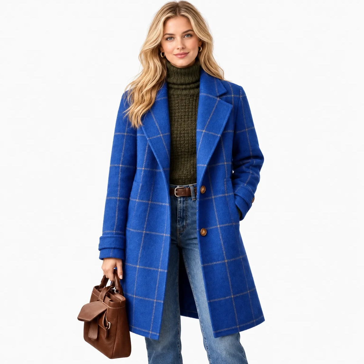 Blonde model on a white background wears the royal blue checked coat with a polo neck and jeans 12