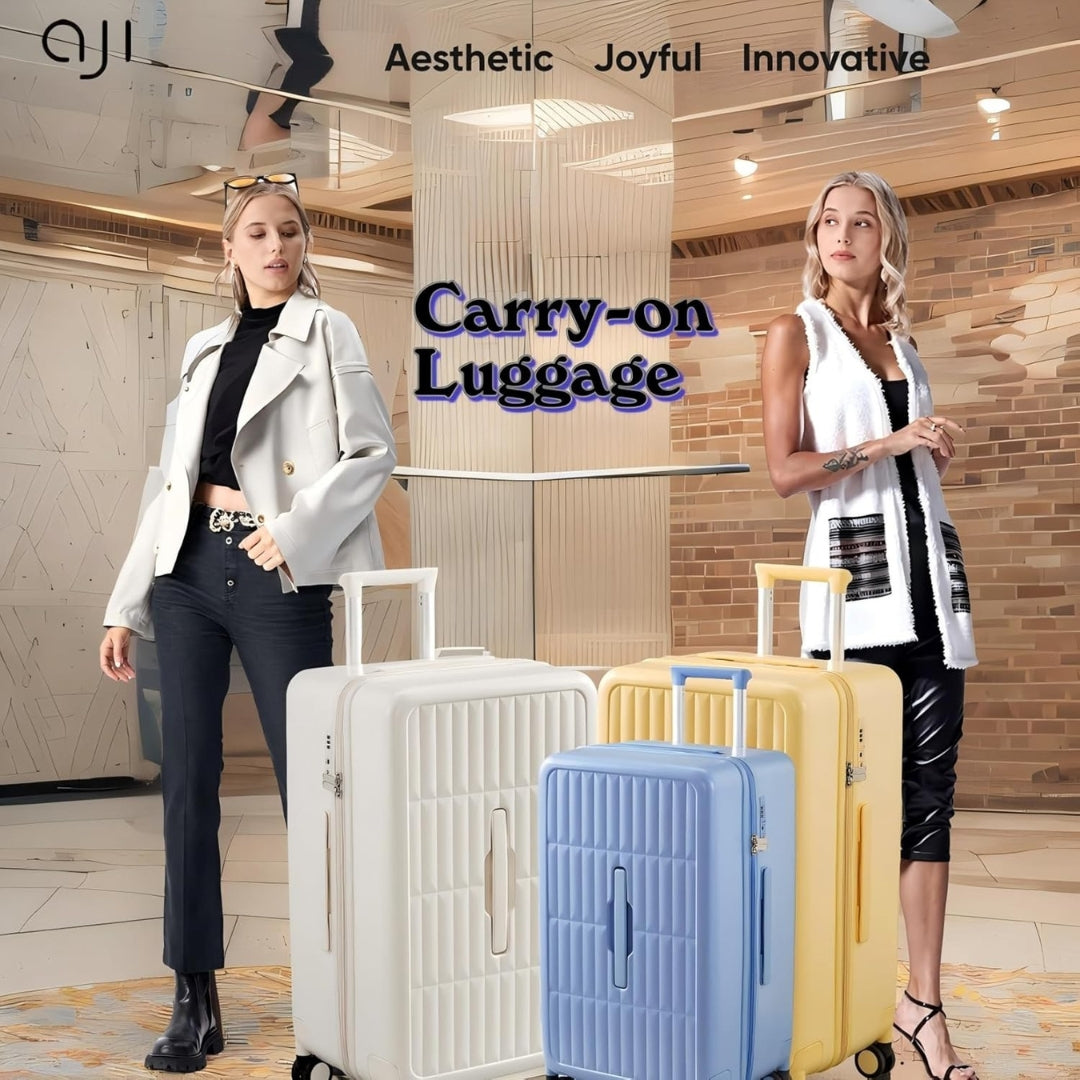 Airport-approved 55 cm hand luggage with a 30:70 split and a three-part polycarbonate hard shell.