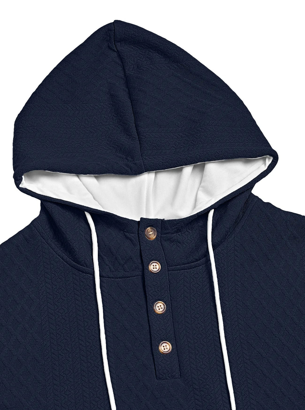 Close-up of a navy hoodie's hood and four-button placket with white drawstrings against a plain background 12