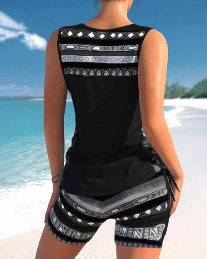 Trendy swimwear with V-neck and geometric pattern – Tankini set Madonna
