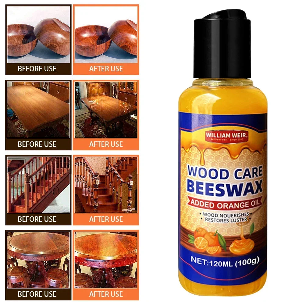 Bottle beside four before-and-after pairs: wooden bowls, a dining table, a staircase and a round table 12