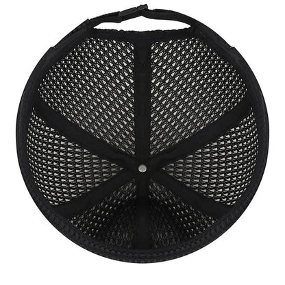 Inside view of the black cap showing the mesh panels, seams, centre rivet and buckle strap 12