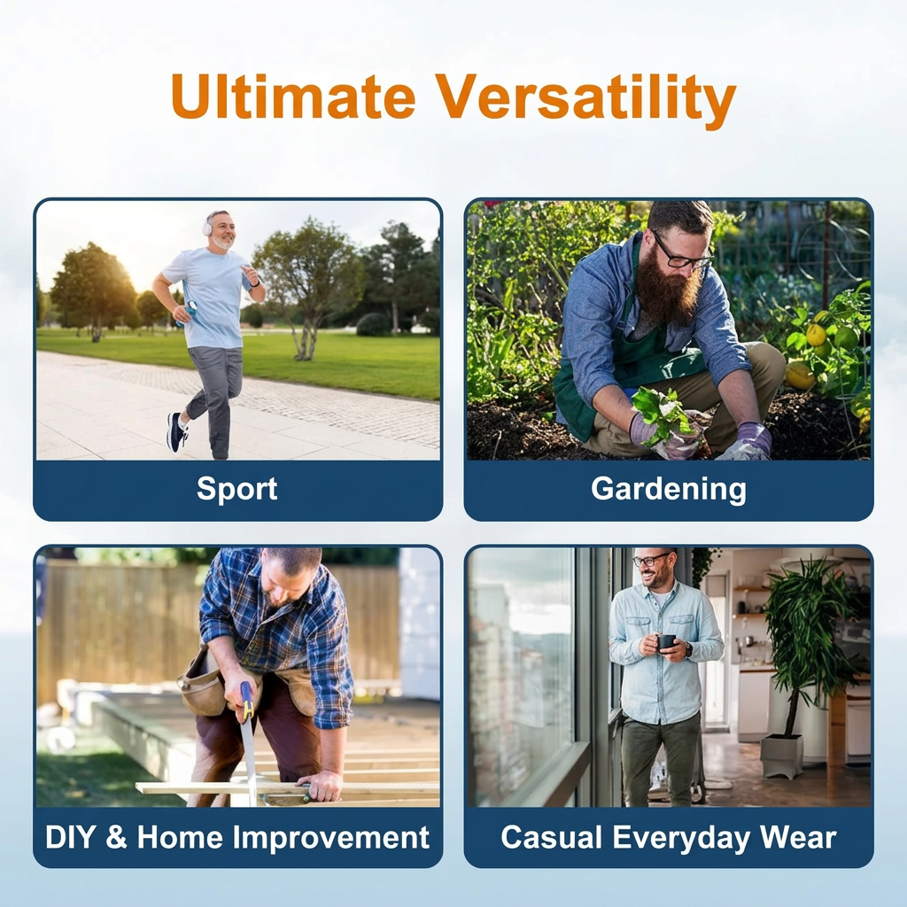 Four-panel collage of men wearing the trousers while jogging, gardening, doing woodwork and relaxing at home 17