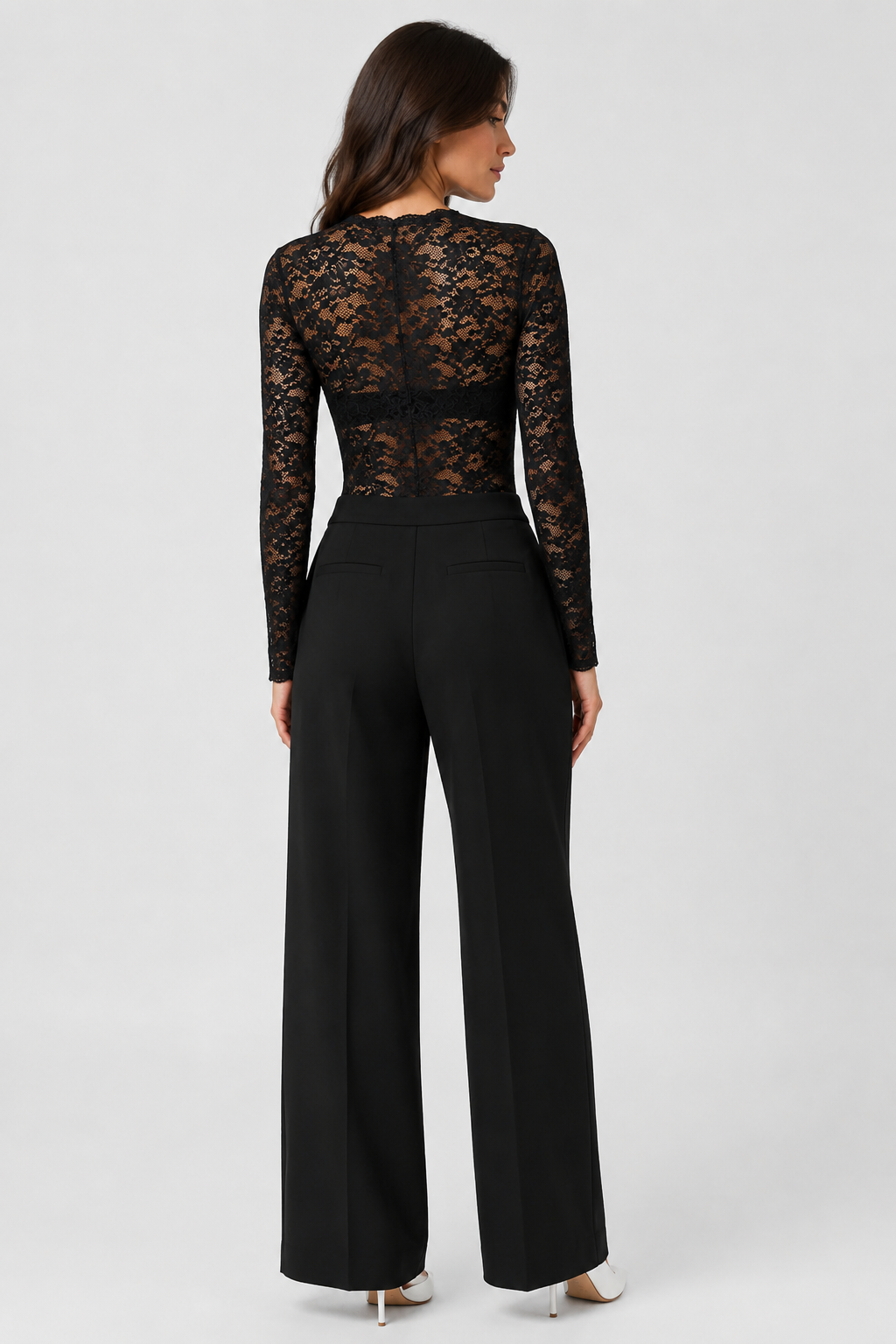 Back view of the bodysuit showing the fully sheer lace back, lace-banded band at the bust line and long sleeves. 4