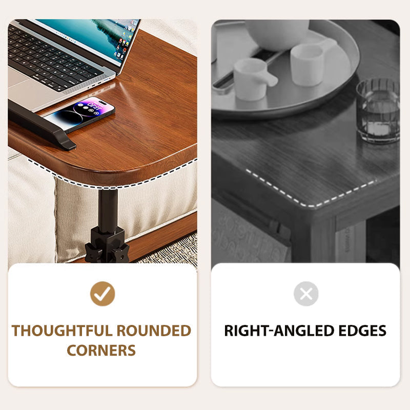 Split comparison of the desk's rounded corner beside a squared-off table edge, marked with a tick and a cross. 8