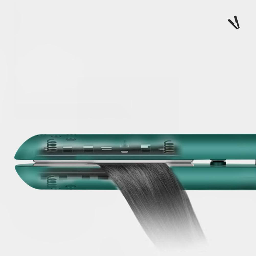Cutaway illustration of the green straightener's inner springs and plates clamping a straight strand of dark hair. 3